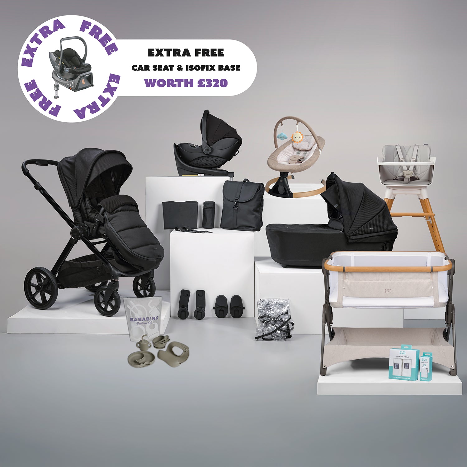 18 pc Raffi MKII Travel, Home & Feeding Bundle with spin car seat & isofix base + FREE Hera car seat & isofix base - Satin Black