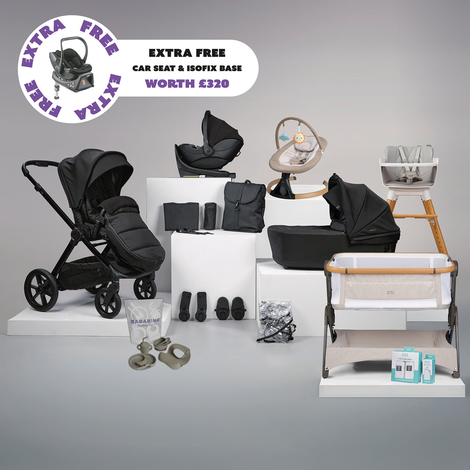 18 pc Raffi MKII Travel, Home & Feeding Bundle with spin car seat & isofix base + FREE Hera car seat & isofix base - Satin Black