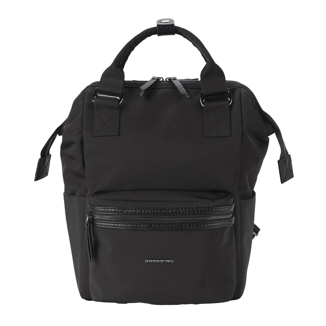 Black backpack with a visible brand logo on a white background