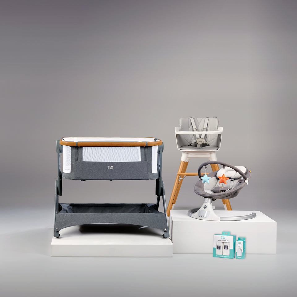 Bababing Home Bundle: Crib, HUB Swing, Highchair, Bedding & Feeding Kit