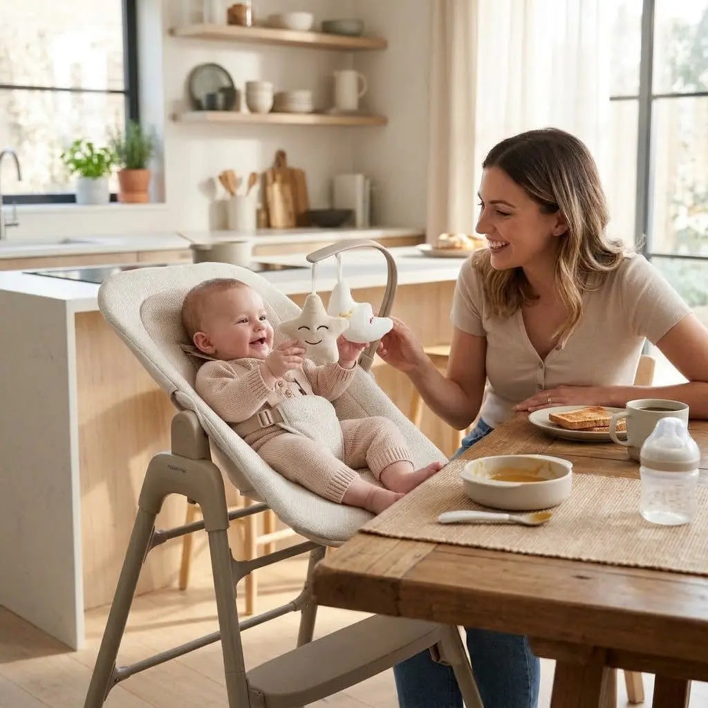 A baby sits in a high chair at a wooden dining table while a woman offers a toy. The scene is set in a bright, modern kitchen with light wood floors, white countertops, and open shelves in the background.