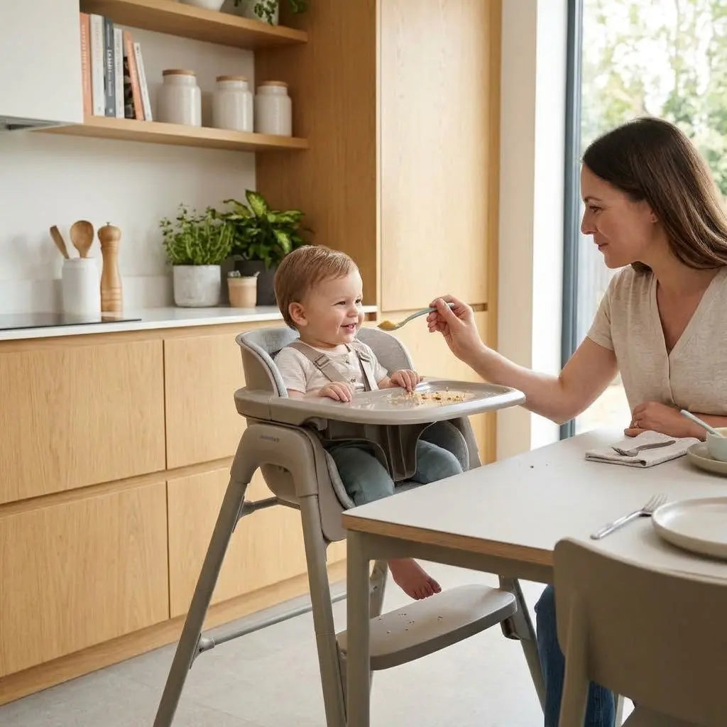 A toddler sits in a gray high chair at a dining table while a woman feeds them with a spoon in a bright, modern kitchen setting.
